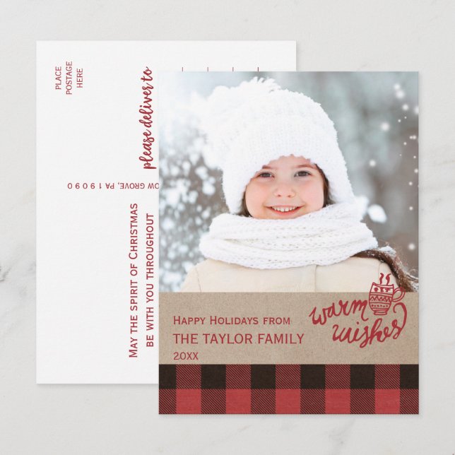 Cartes Pour Fêtes Annuelles Red Buffalo Plaid Christmas Photo (Devant / Derrière)