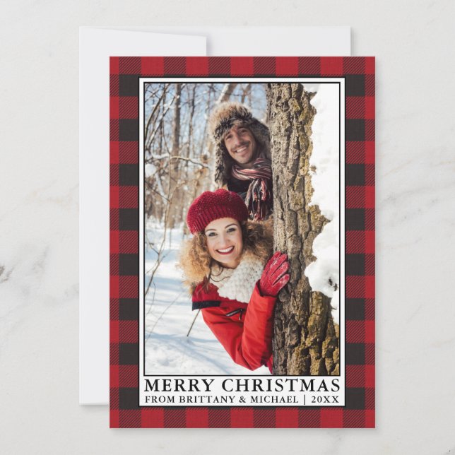 Cartes Pour Fêtes Annuelles Red Buffalo Plaid Couple photo encadrée Noël (Devant)