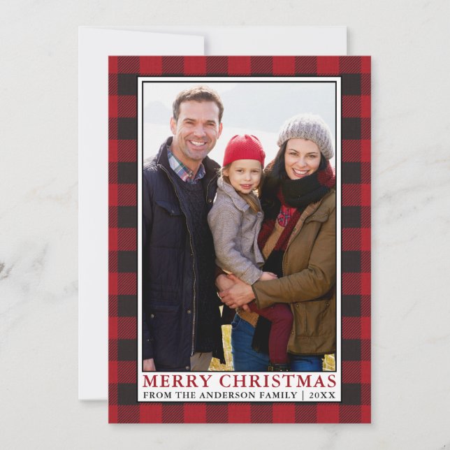 Cartes Pour Fêtes Annuelles Red Buffalo Plaid Family encadré photo Noël (Devant)