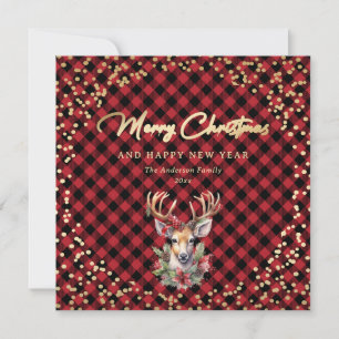 Cartes Pour Fêtes Annuelles Red Buffalo Plaid Gold Reindeen neige Noël
