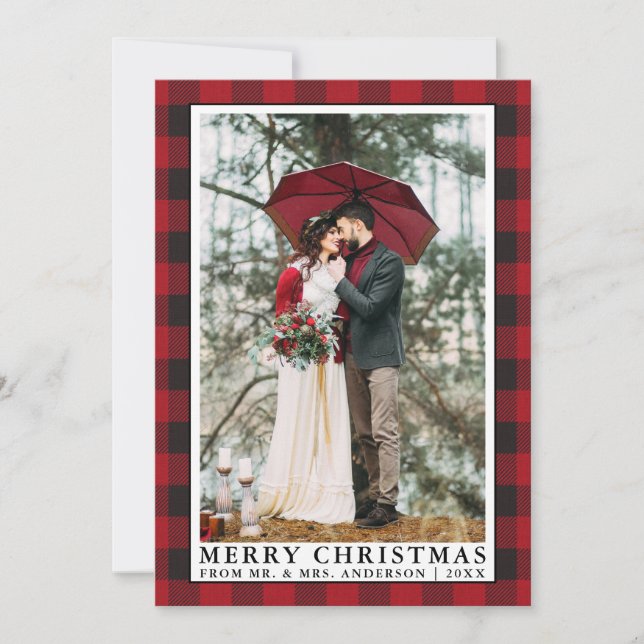 Cartes Pour Fêtes Annuelles Red Buffalo Plaid Joyeux Noël Mariage Photo (Devant)