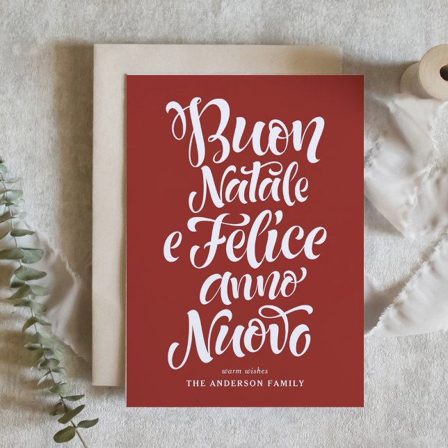 Cartes Pour Fêtes Annuelles Red Buon Natale e Felice Anno Nuovo Script (Créateur téléchargé)