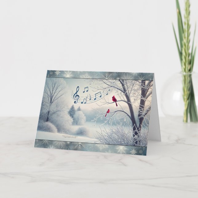 Cartes Pour Fêtes Annuelles Red Cardinal Birds Snowy Woods Notes musicales 4 (Devant)