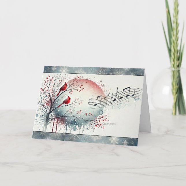 Cartes Pour Fêtes Annuelles Red Cardinal Birds Snowy Woods Notes musicales 6 (Devant)