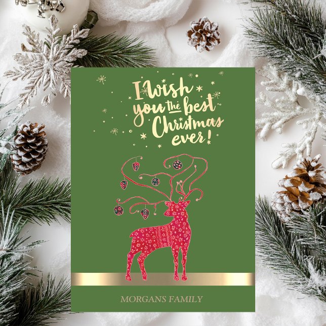 Cartes Pour Fêtes Annuelles Red Christmas Deer, Retro Balls Holiday (Créateur téléchargé)