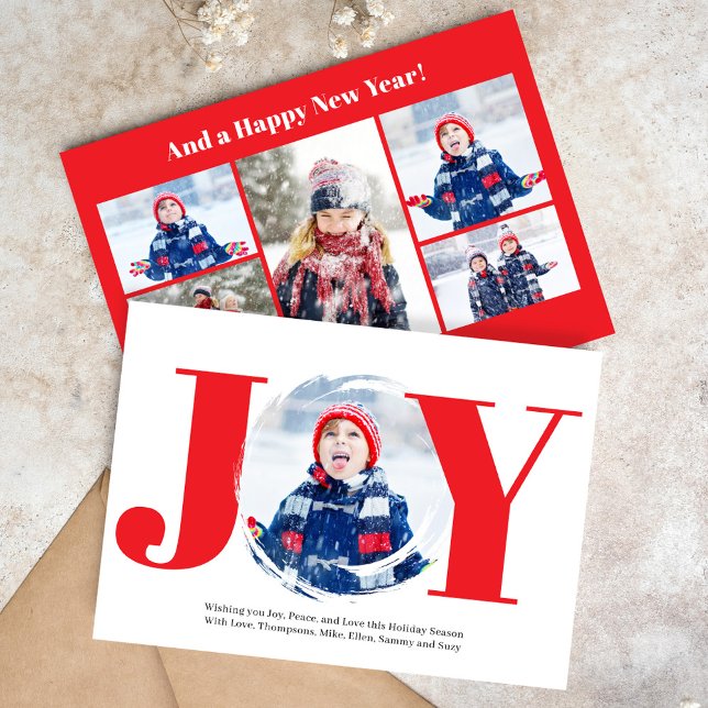 Cartes Pour Fêtes Annuelles Red Christmas Photo Collage Joy Typographie (Joy typography multi photo collage Christmas card.)