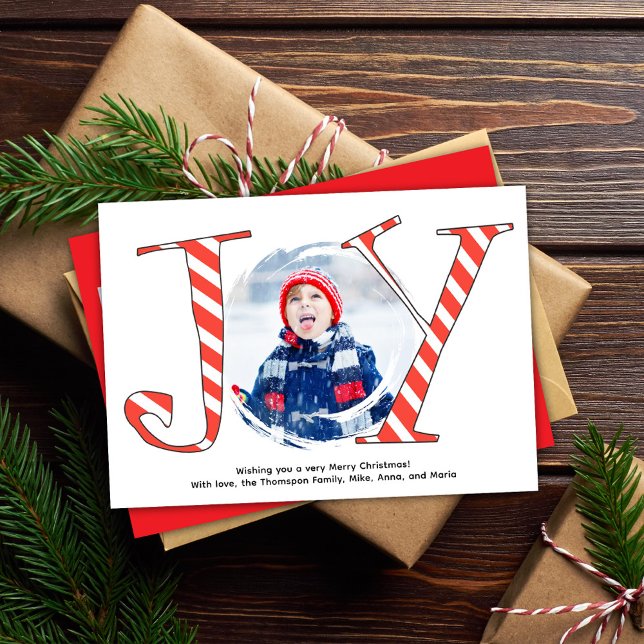 Cartes Pour Fêtes Annuelles Red Christmas Photo Collage Joy Typographie (Candy cane "joy" typography holiday photo card. )