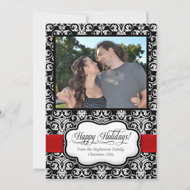 Cartes Pour Fêtes Annuelles Red Damask Black White Holiday Salutation (Devant)