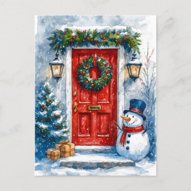 Cartes Pour Fêtes Annuelles Red Door with Snowman Cozy Christmas Postcard (Devant)