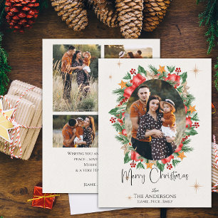 Cartes Pour Fêtes Annuelles Red Florals Multi Family Photos Joyeux Noël