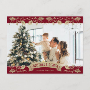 Cartes Pour Fêtes Annuelles Red Gold Holly Bénédictions de Noël Christian Phot