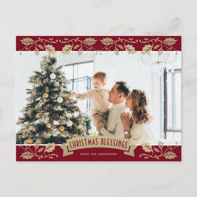 Cartes Pour Fêtes Annuelles Red Gold Holly Bénédictions de Noël Christian Phot (Devant)