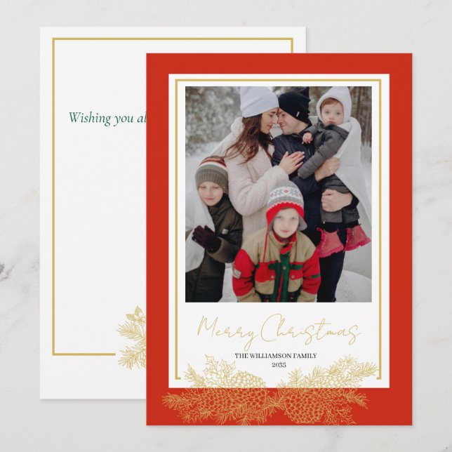 Cartes Pour Fêtes Annuelles Red Gold Modern Elegant Photo de famille Noël (Devant / Derrière)