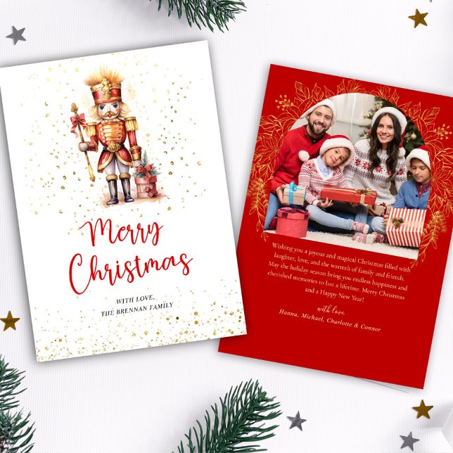 Cartes Pour Fêtes Annuelles Red Gold Nutcracker Photo Joyeux Noël (Red Gold Nutcracker Photo Merry Christmas Holiday Card)