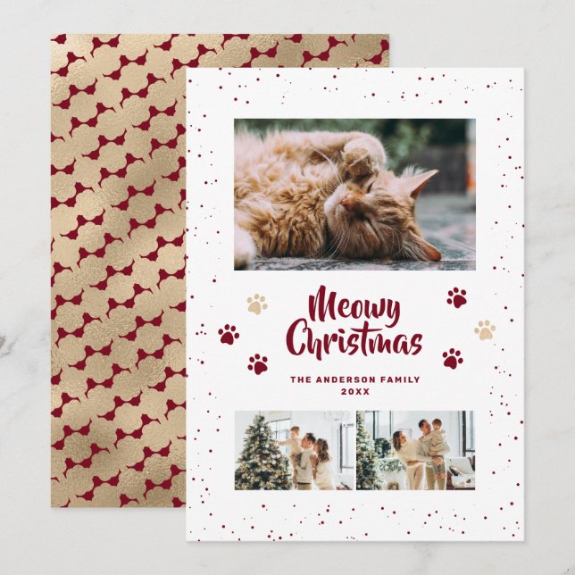 Cartes Pour Fêtes Annuelles Red Gold Photo Snow Paws Meowy Christmas Card (Devant / Derrière)