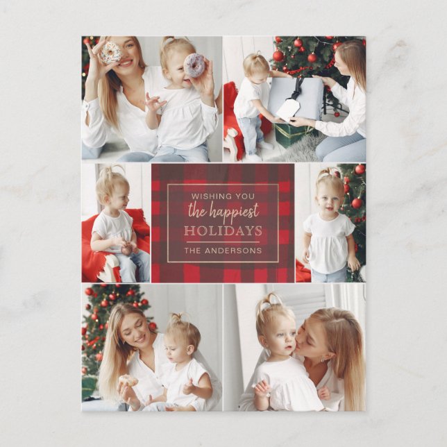 Cartes Pour Fêtes Annuelles Red Gold Plaid non traditionnel Collage photo (Devant)