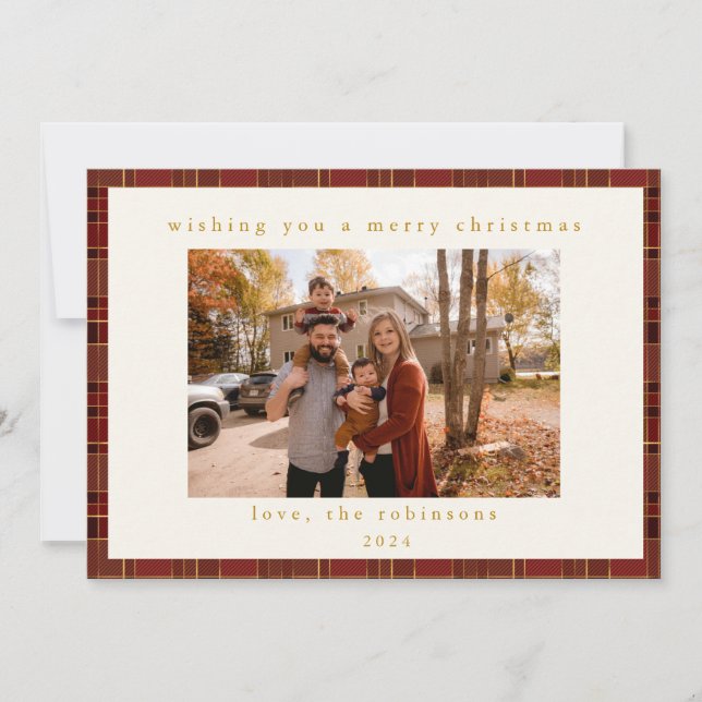 Cartes Pour Fêtes Annuelles Red Gold Plaid Photo personnalisée Noël (Devant)