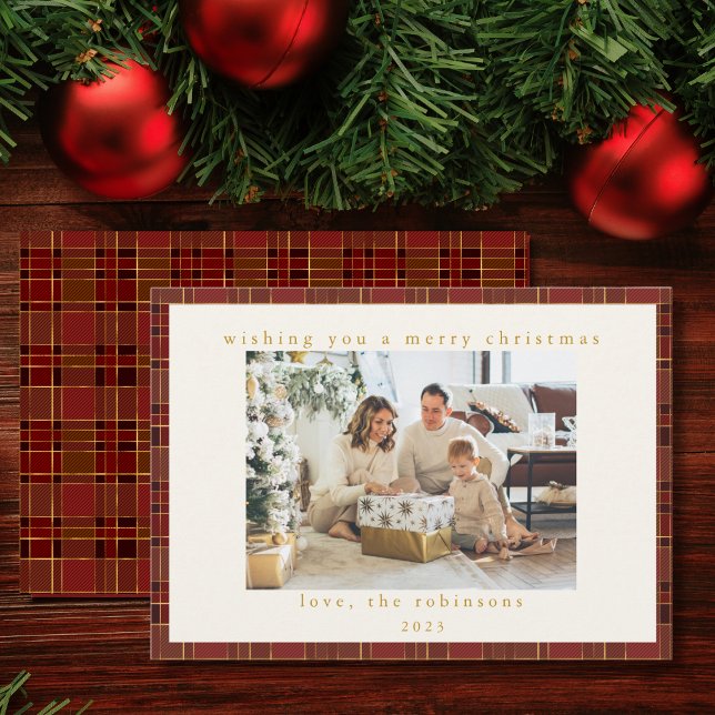 Cartes Pour Fêtes Annuelles Red Gold Plaid Photo personnalisée Noël (Créateur téléchargé)