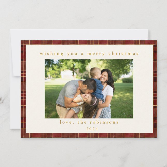 Cartes Pour Fêtes Annuelles Red Gold Plaid Photo personnalisée Noël (Devant)