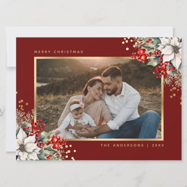 Cartes Pour Fêtes Annuelles Red Gold Poinsettia Berries Photo Christmas (Devant)