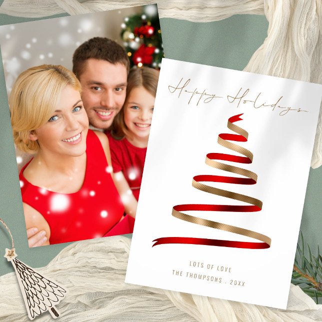 Cartes Pour Fêtes Annuelles Red Gold Tree photo Noël Joyeux vacances (Front and back view - add your photo on the back for a great keepsake card!)