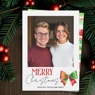 Cartes Pour Fêtes Annuelles Red, green bow and stripes Merry Christmas photo