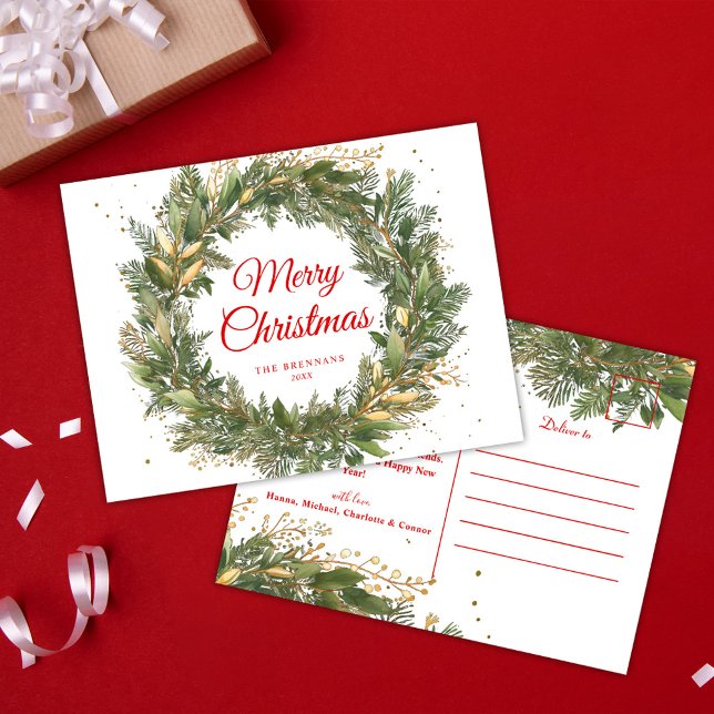 Cartes Pour Fêtes Annuelles Red Green Elegant Noël Wreath Botanique (Red Green Elegant Christmas Wreath Botanical Holiday Postcard)