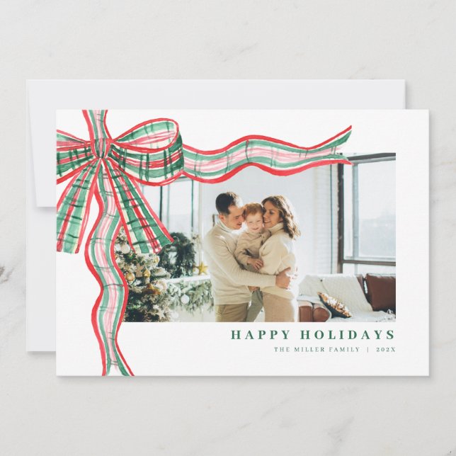 Cartes Pour Fêtes Annuelles Red Green Holiday Plaid Bow Photo Christmas Card (Devant)