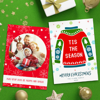 Cartes Pour Fêtes Annuelles Red Green Photo Famille laide Sweater Tis Season