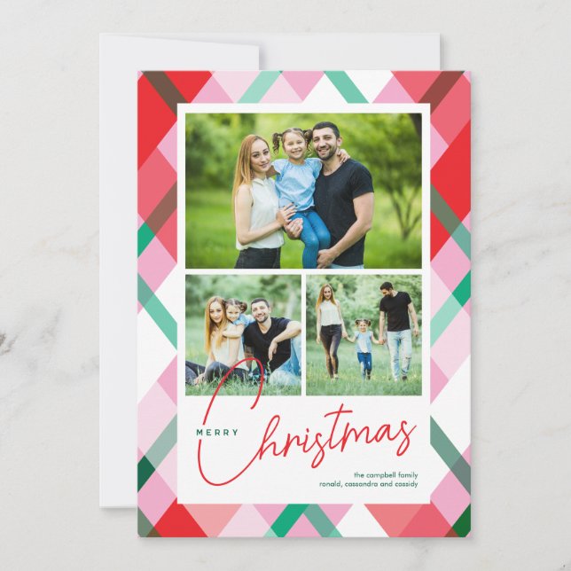 Cartes Pour Fêtes Annuelles Red Green Pink Christmas Plaid 3 Photo (Devant)