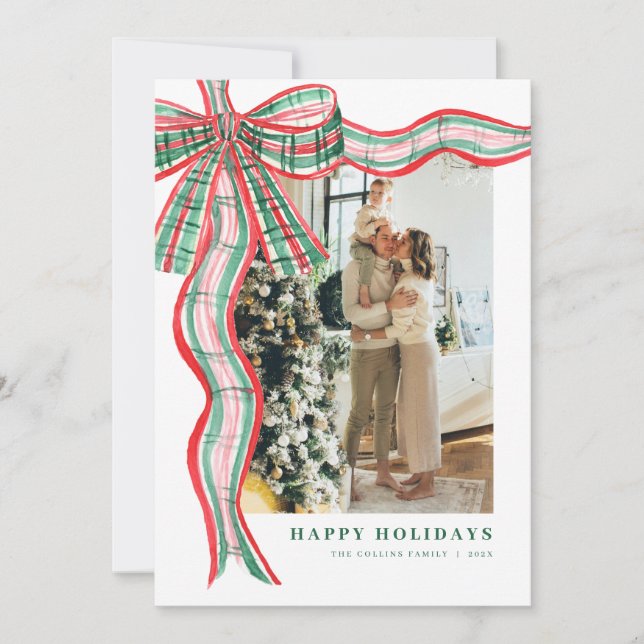 Cartes Pour Fêtes Annuelles Red & Green Plaid Bow Christmas Photo Holiday Card (Devant)
