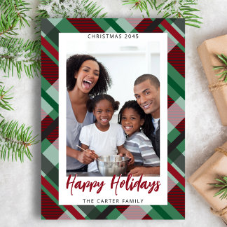 Cartes Pour Fêtes Annuelles Red Green Plaid Photo Modern Happy Holidays