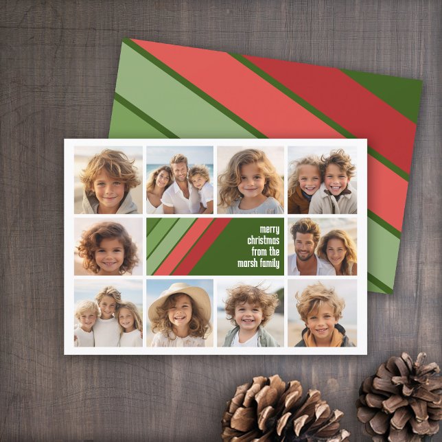 Cartes Pour Fêtes Annuelles Red Green Retro Stripes - 10 Photo Collage (Red and Green Retro Stripe Holiday Card - 10 Photo Template - Print and Download Options)