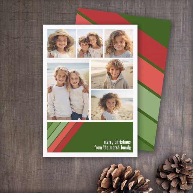 Cartes Pour Fêtes Annuelles Red Green Retro Stripes - 6 Photo Collage (Red and Green Retro Stripe Holiday Card with an 6 Photo Collage template)
