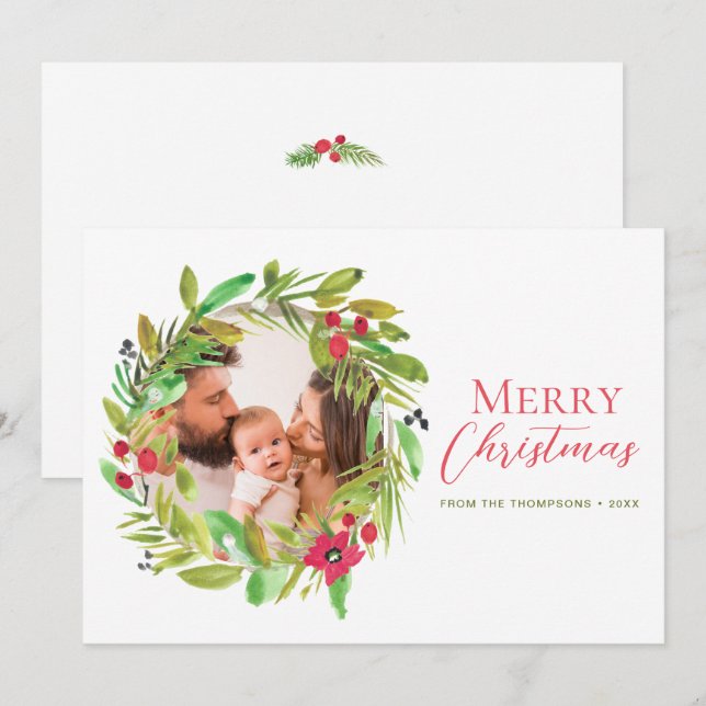 Cartes Pour Fêtes Annuelles Red Green Wreath Joyeux Noël Photo de famille (Devant / Derrière)