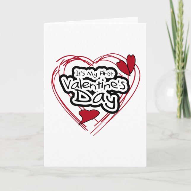 Cartes Pour Fêtes Annuelles Red Heart Black Text Première Saint-Valentin (Devant)