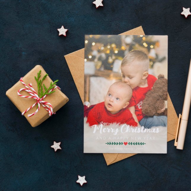 Cartes Pour Fêtes Annuelles Red Heart Green Twigs Photo Joyeux Noël (Créateur téléchargé)