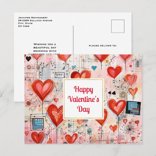 Cartes Pour Fêtes Annuelles Red Hearts Whimsical Love Motif Saint Valentin (Devant / Derrière)
