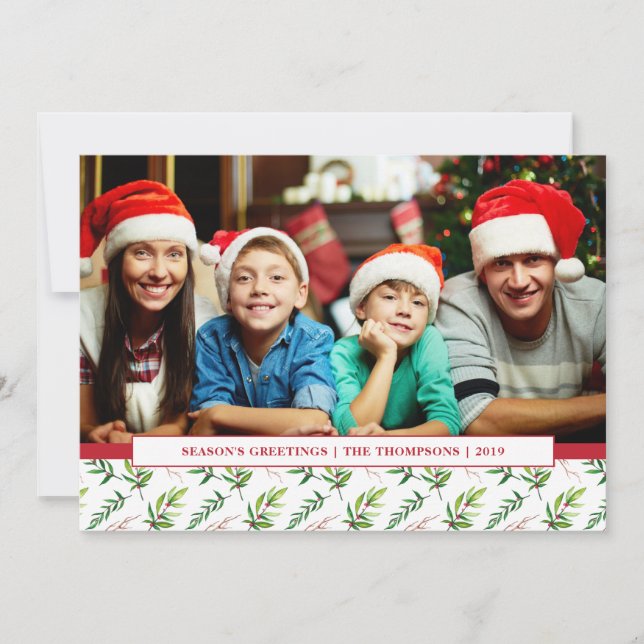 Cartes Pour Fêtes Annuelles Red Holly Aquarelle Joyeux Noël Photo de famille (Devant)