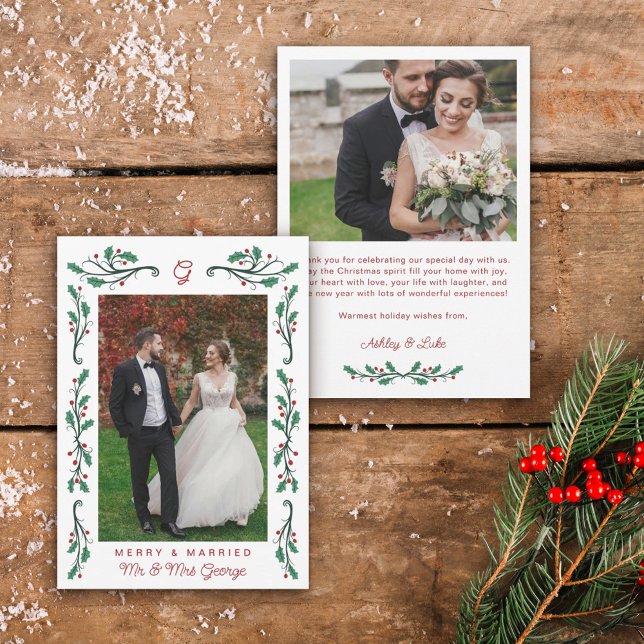 Cartes Pour Fêtes Annuelles Red Holly Frame Joyeux & Marié Photo de Noël (Créateur téléchargé)