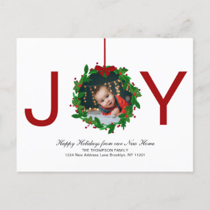 Cartes Pour Fêtes Annuelles Red Joy Noël Botanical Wreath Photo Moving