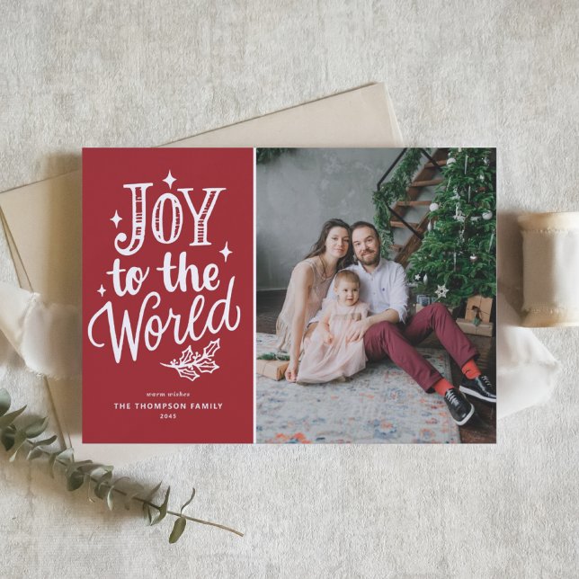Cartes Pour Fêtes Annuelles Red Joy To The World Christmas Carol Photo (Celebrate the season with this customizable red "Joy to the World" photo Christmas card.)