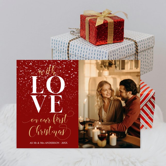 Cartes Pour Fêtes Annuelles Red Love First Christmas Mr & Mrs Script photo (Créateur téléchargé)