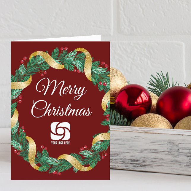 Cartes Pour Fêtes Annuelles Red Merry Christmas Wreath Custom Business Logo (Créateur téléchargé)