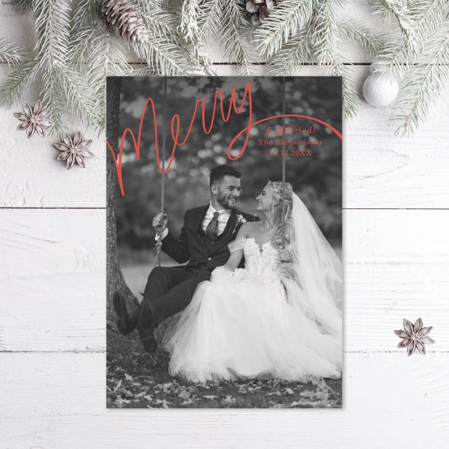 Cartes Pour Fêtes Annuelles Red Merry Hand Lettering Wedding Photo (Créateur téléchargé)