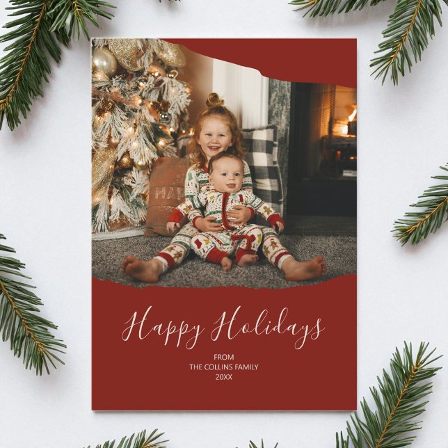 Cartes Pour Fêtes Annuelles Red Minimalist 2 photo Joyeux Noël (Red Minimalist 2 Photo Happy Holidays Christmas Holiday Card)
