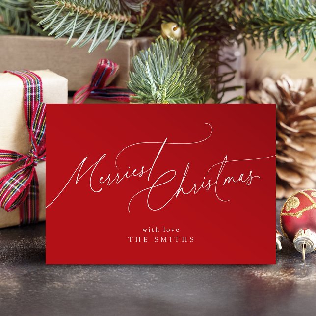 Cartes Pour Fêtes Annuelles Red Minimalist Elegant Script Merriest Christmas (Red Minimalist Elegant Script Merriest Christmas Holiday Card)