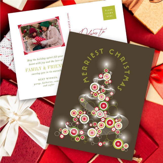 Cartes Pour Fêtes Annuelles Red Mod Cercles brillant arbre de Noël Abstrait (Red Mod Circles Glowing Abstract Christmas Tree Holiday Postcard @ fat_fa_tin)