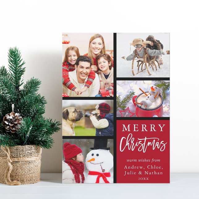 Cartes Pour Fêtes Annuelles Red Modern Joyeux Noël Photo Collage (Créateur téléchargé)