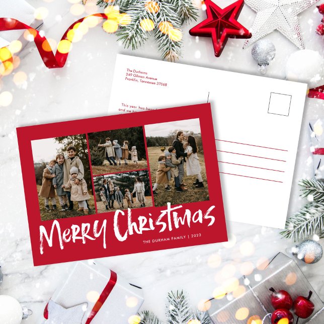 Cartes Pour Fêtes Annuelles Red Modern Letters Cinq Photo Joyeux Noël (Créateur téléchargé)